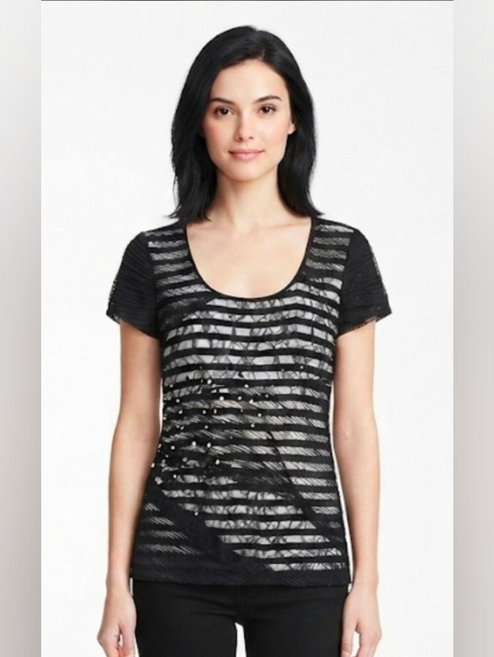 White House Black Market Black Striped Scoop Neck Tee Size L